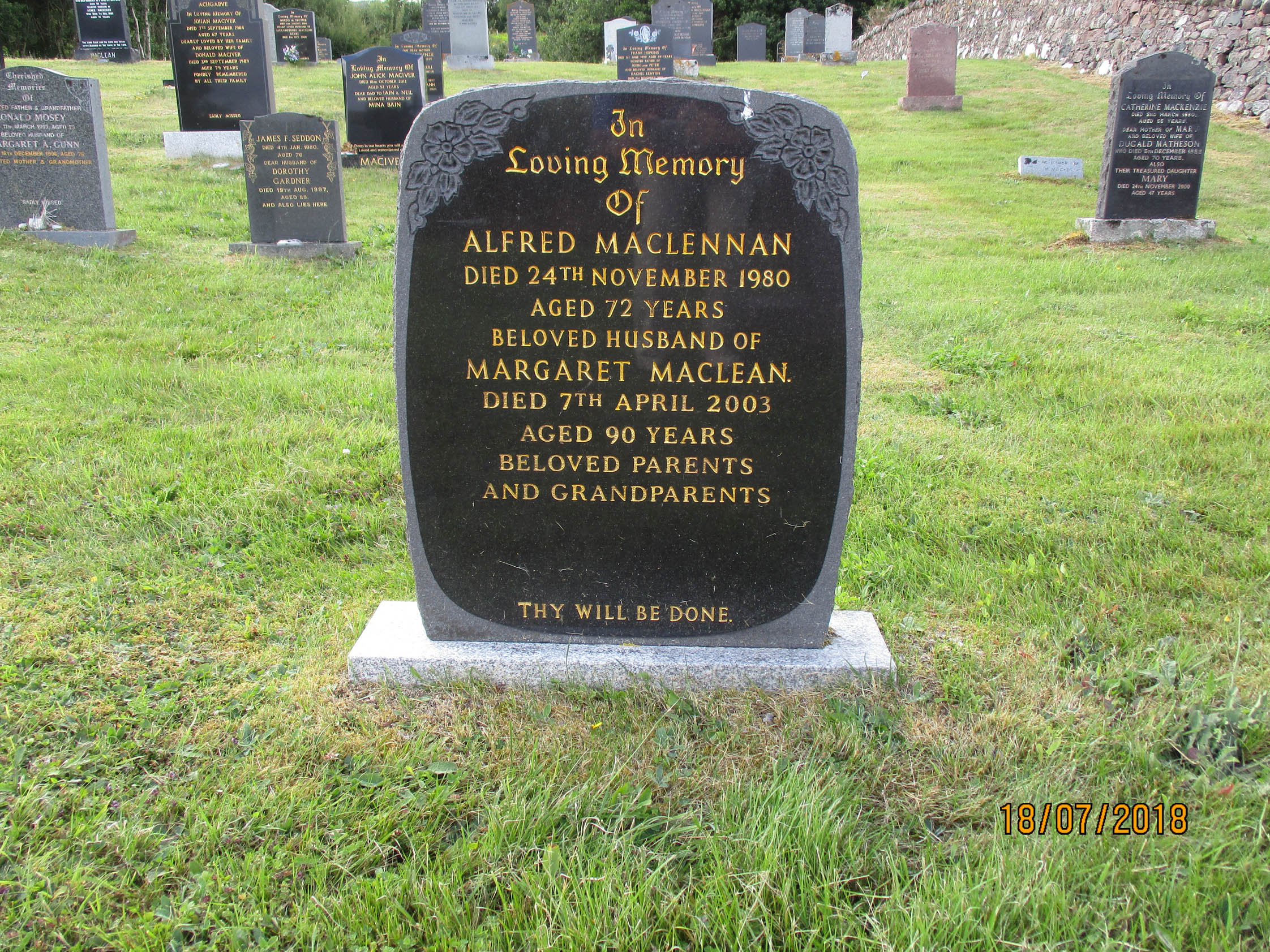 Photo of headstones/Alfred MacLennan died 1980 MI Laide, Gairloch